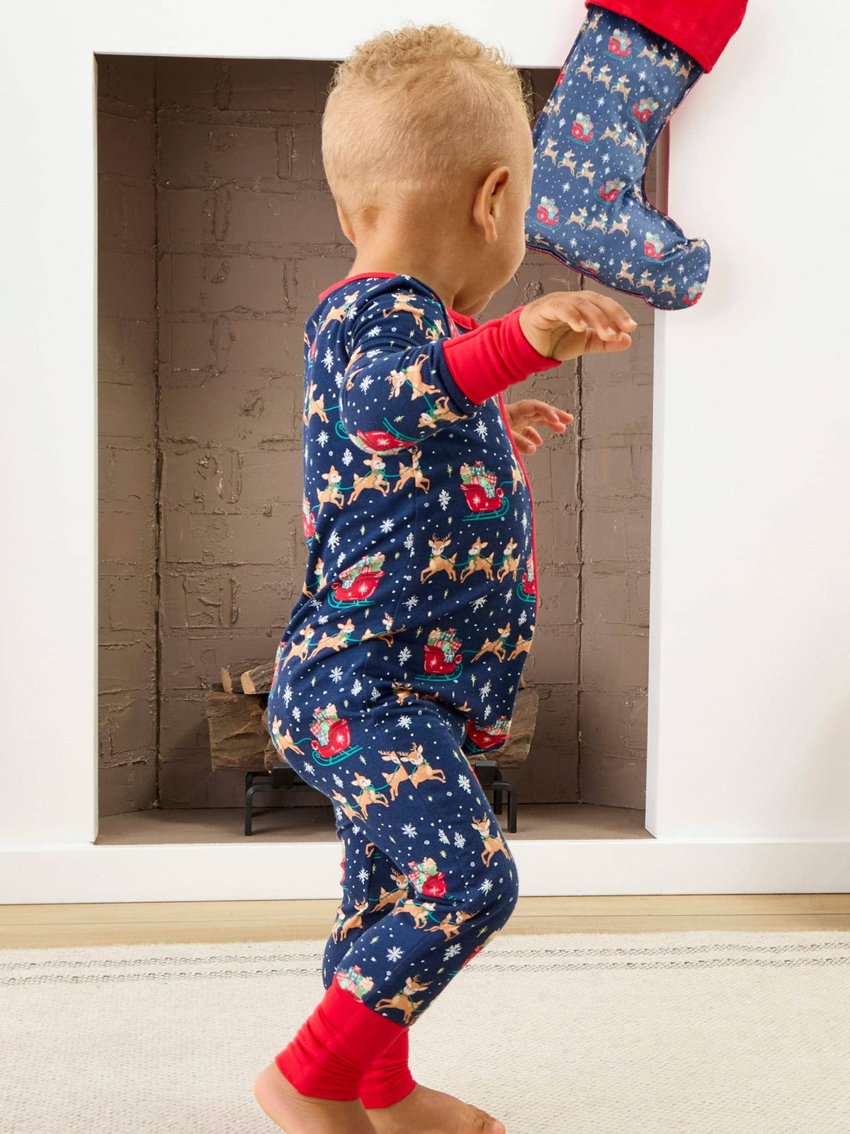 Baby Bamboo Blue Christmas Reindeer Sleigh Ride Convertible One Piece Footie Pajama