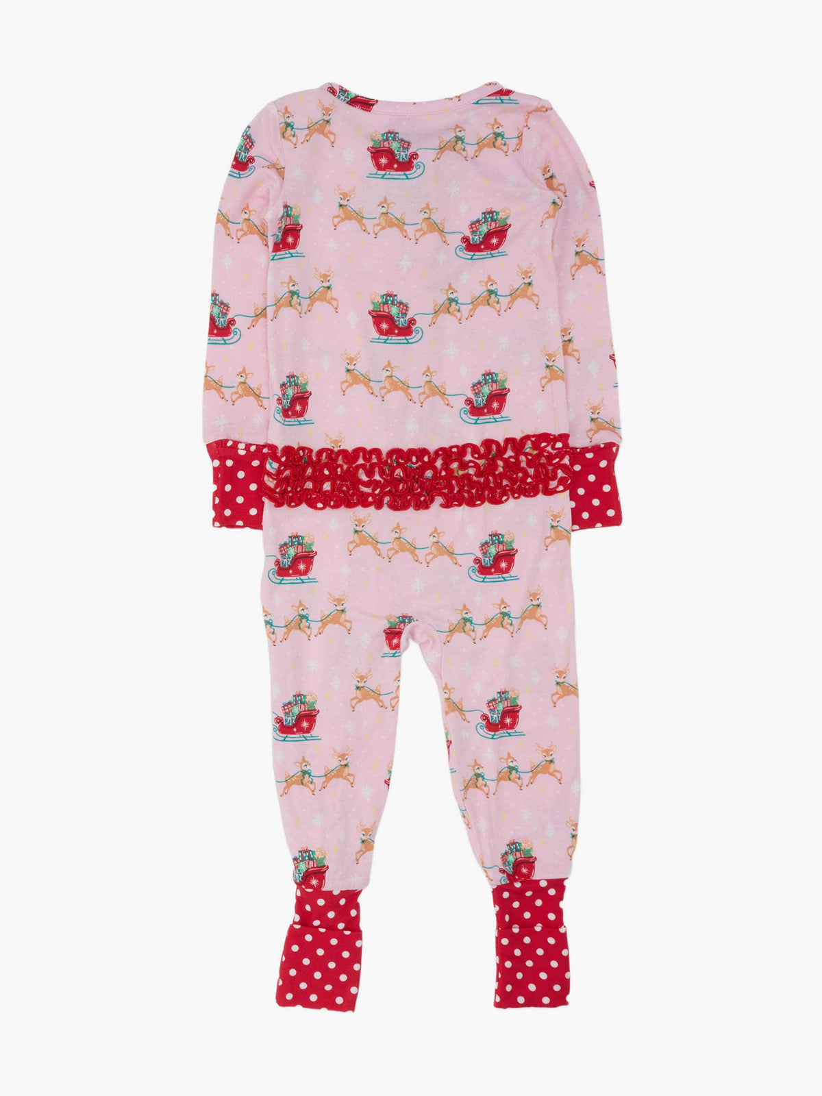 SoftSnooze™ Baby Girls Bamboo Viscose Pink Christmas Reindeer Sleigh Ride Convertible Ruffle One Piece Footie Pajama
: Pink / 6-12m
