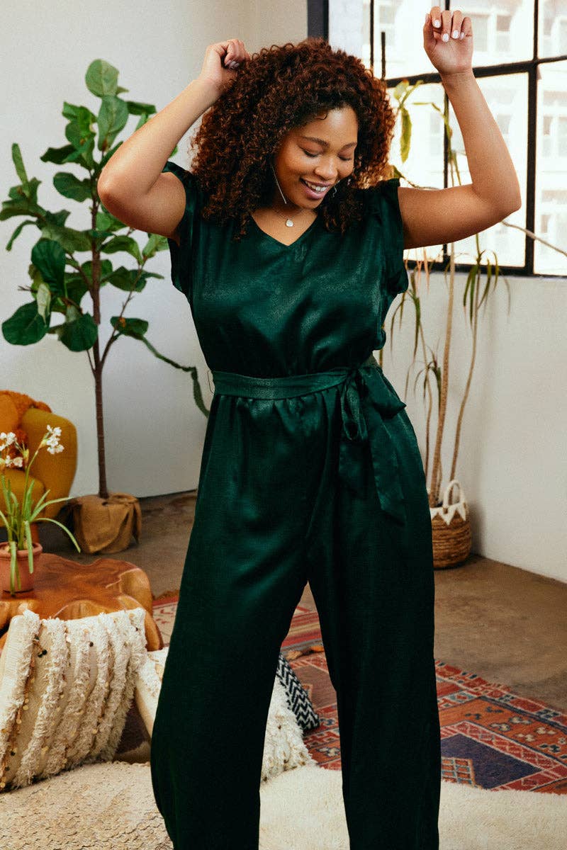 Womens Ruffled Crushed Satin Wide Leg Jumpsuit