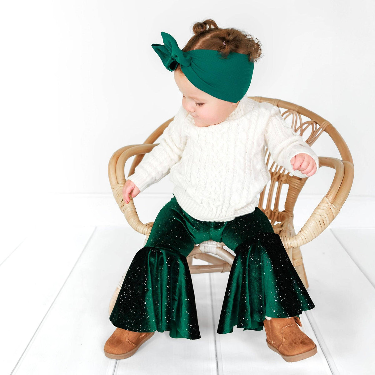 Green Glitter Velvet Christmas Baby Bell Bottoms: 12 months