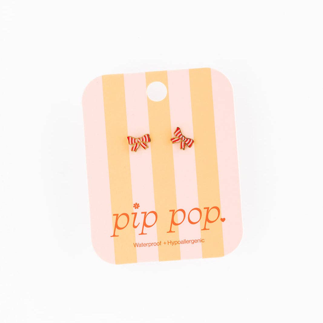Striped Bow Stud Earrings - Hypoallergenic, Flat Back, Girl : Pair