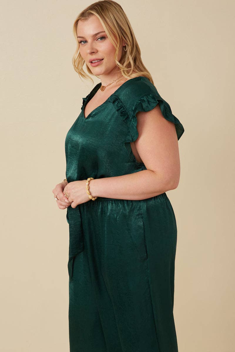 Womens Ruffled Crushed Satin Wide Leg Jumpsuit