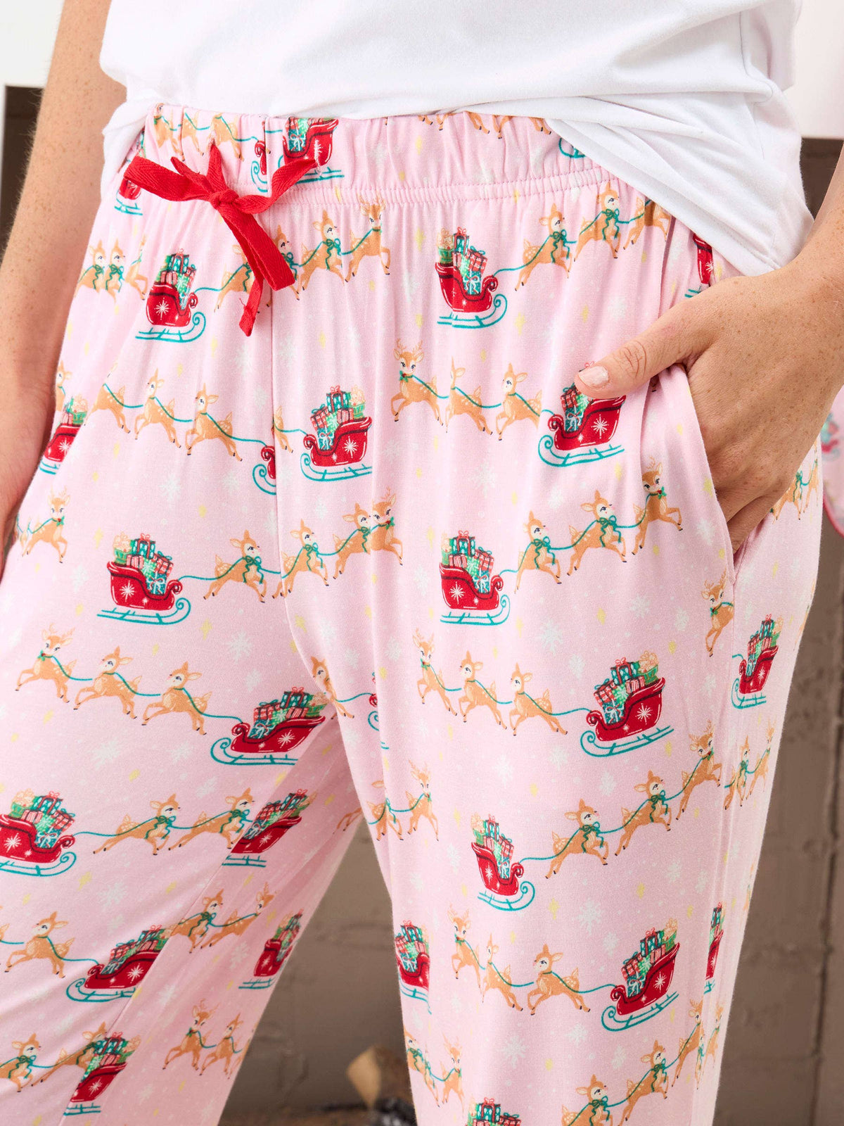 SoftSnooze™ Adult Bamboo Viscose Pink Christmas Reindeer Sleigh Ride Pajama Pants: Pink / Adult L