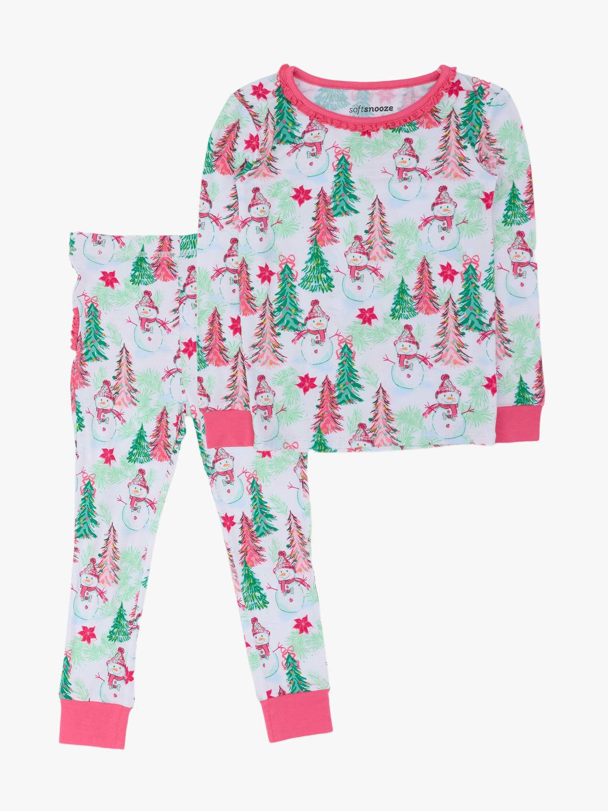 SoftSnooze™ Toddler Girls Bamboo Viscose Pink Snowman Grove Ruffle Long Sleeve Pajama Set with Signature Rear Ruffles: Pink / 2T