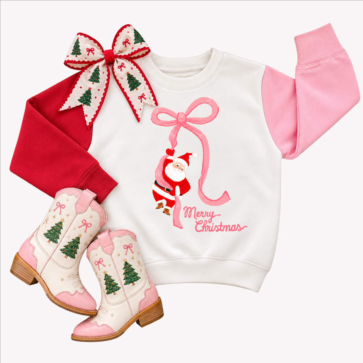 Santa Bow | Pink Girls Christmas Sweatshirt: 7