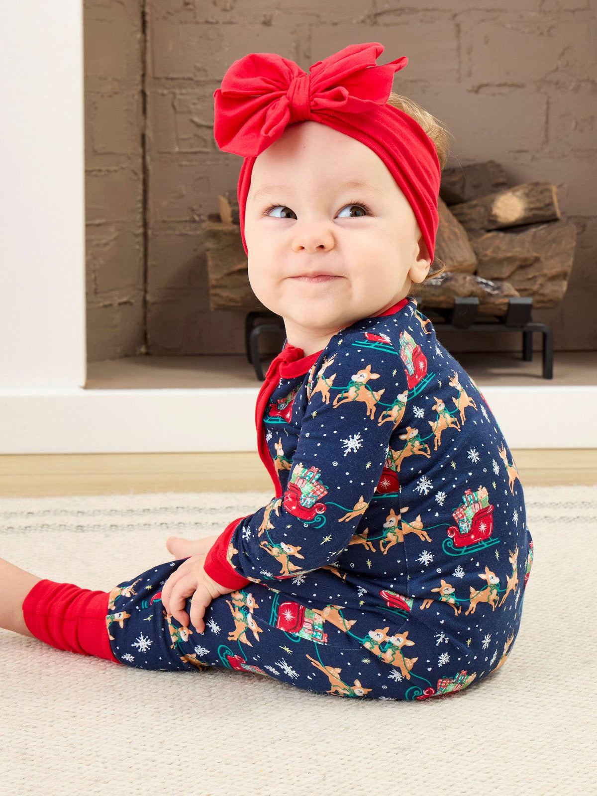Baby Bamboo Blue Christmas Reindeer Sleigh Ride Convertible One Piece Footie Pajama