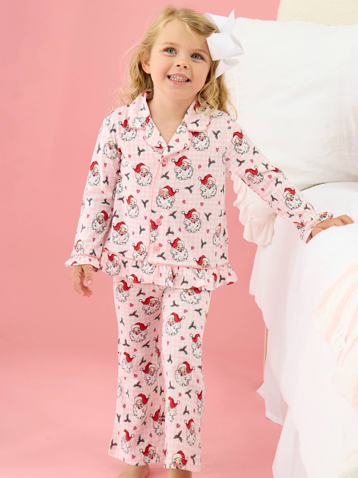 SoftSnooze™ Girls Pink Dear Santa Long Sleeve Button Up Ruffle Flare Pajama Set: Pink / 3T