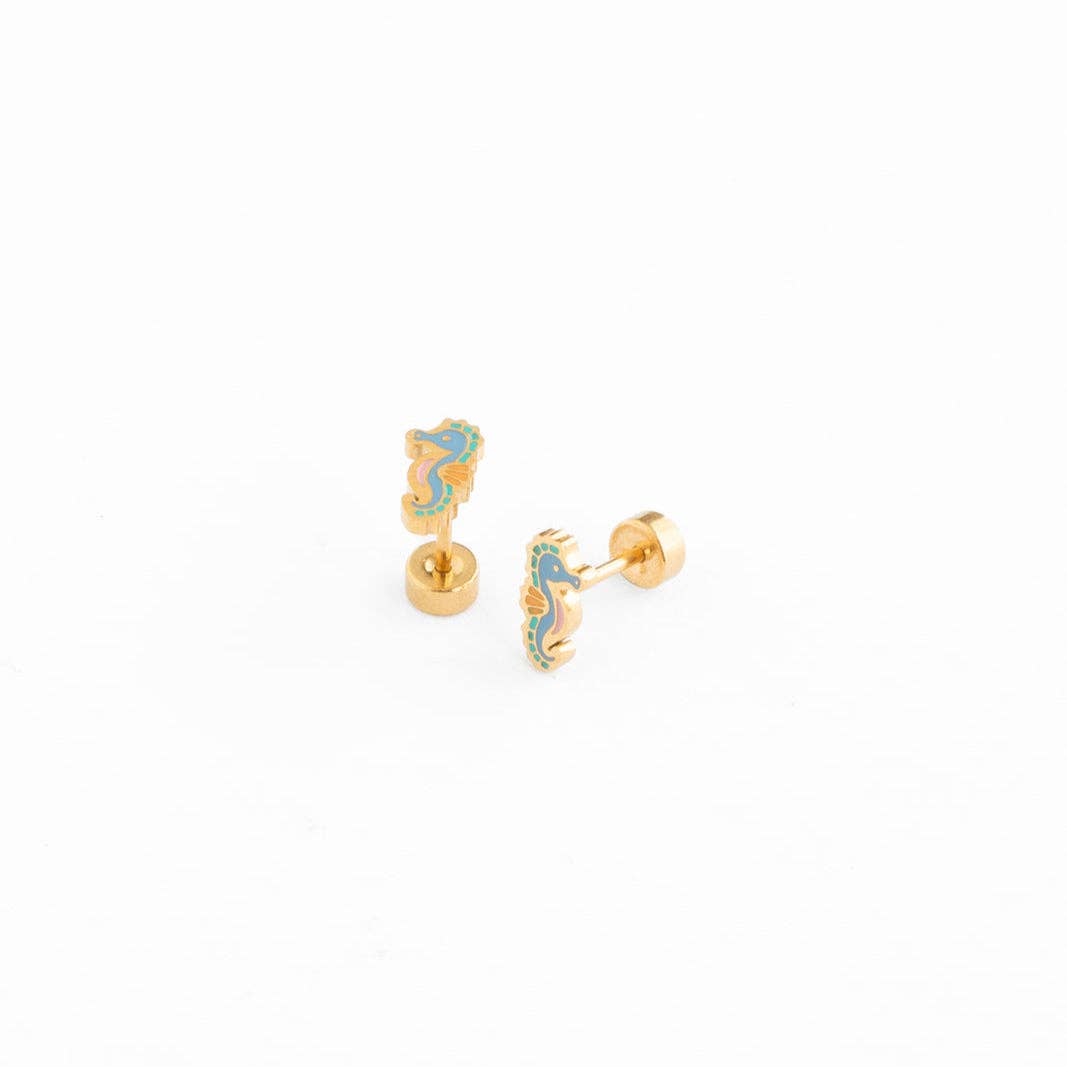 Seahorse Stud Earrings - Hypoallergenic, Flat Back, Girl: Pair