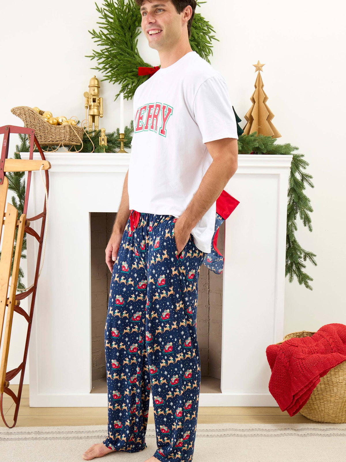 SoftSnooze™ Adult Bamboo Viscose Blue Christmas Reindeer Sleigh Ride Pajama Pants: Navy / Adult S