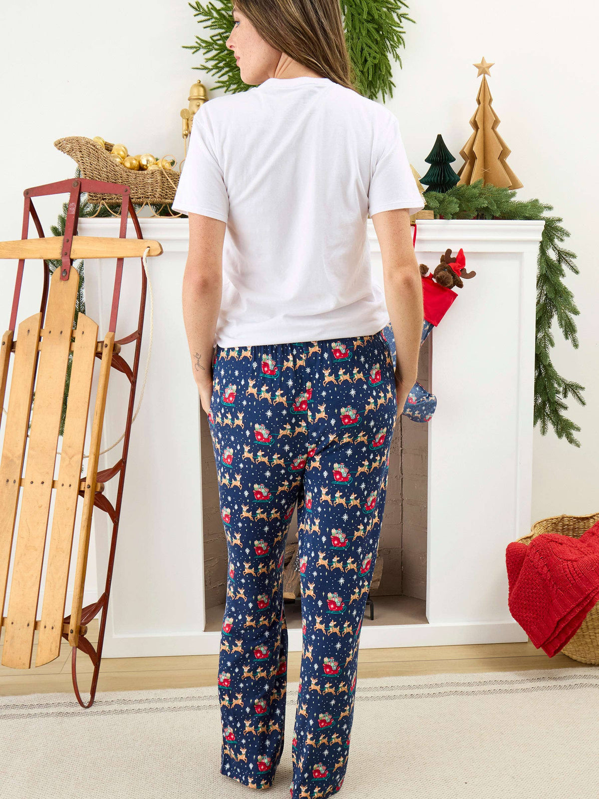 SoftSnooze™ Adult Bamboo Viscose Blue Christmas Reindeer Sleigh Ride Pajama Pants: Navy / Adult XL