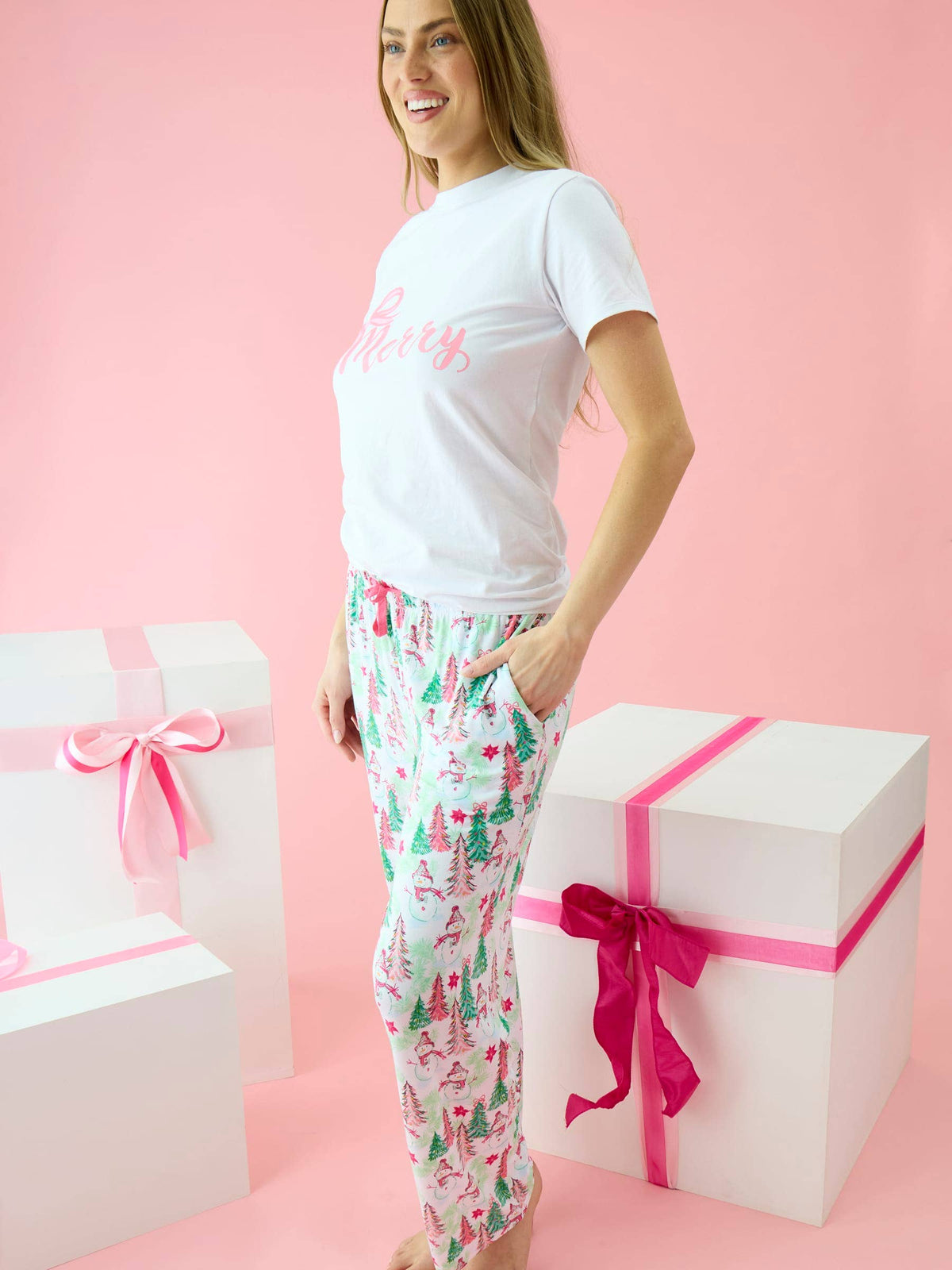SoftSnooze™ Adult Bamboo Viscose Pink Snowman Grove Pajama Pants: Pink / Adult M