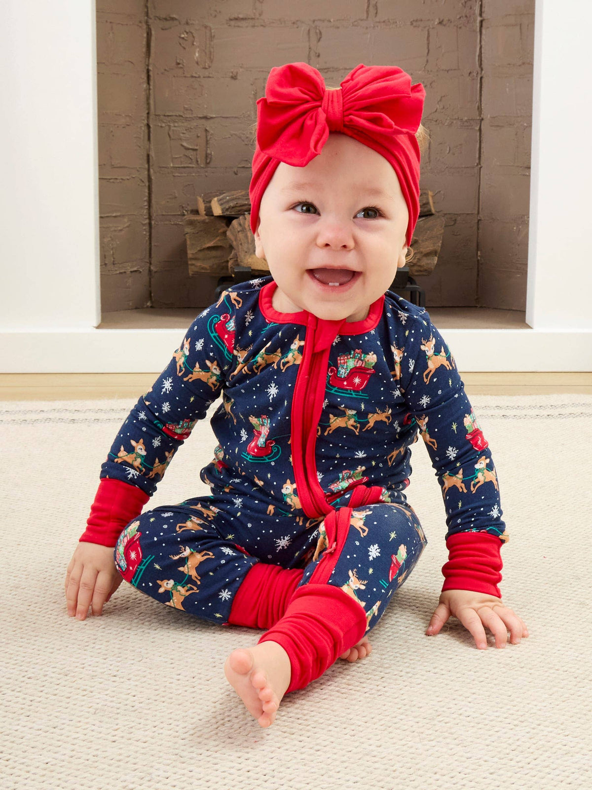 Baby Bamboo Blue Christmas Reindeer Sleigh Ride Convertible One Piece Footie Pajama