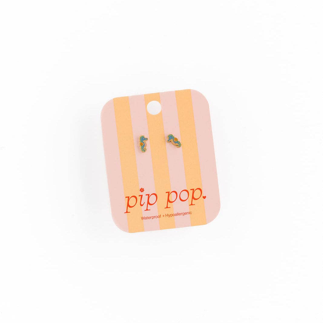 Seahorse Stud Earrings - Hypoallergenic, Flat Back, Girl: Pair