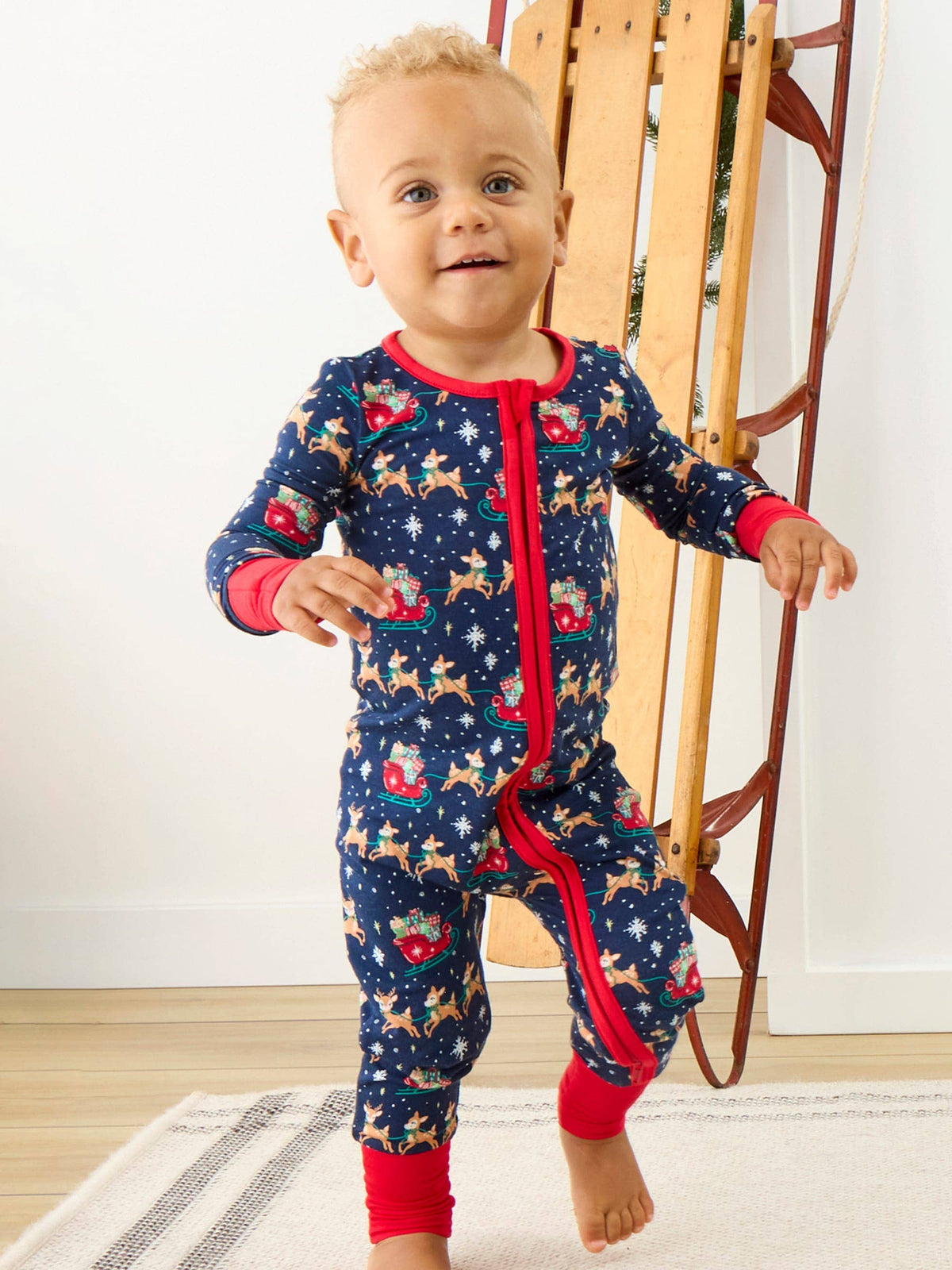 Baby Bamboo Blue Christmas Reindeer Sleigh Ride Convertible One Piece Footie Pajama