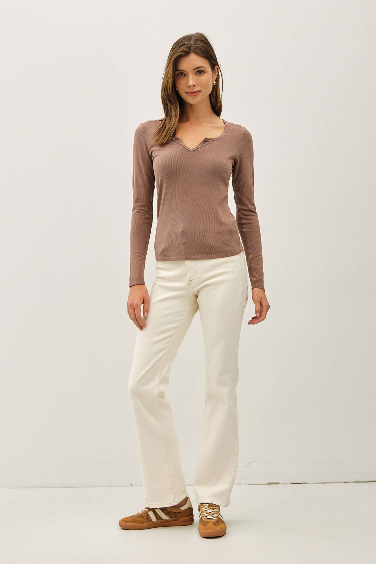 RIBBED NOTCHED NECK LONGSLEEVE BASIC TOP