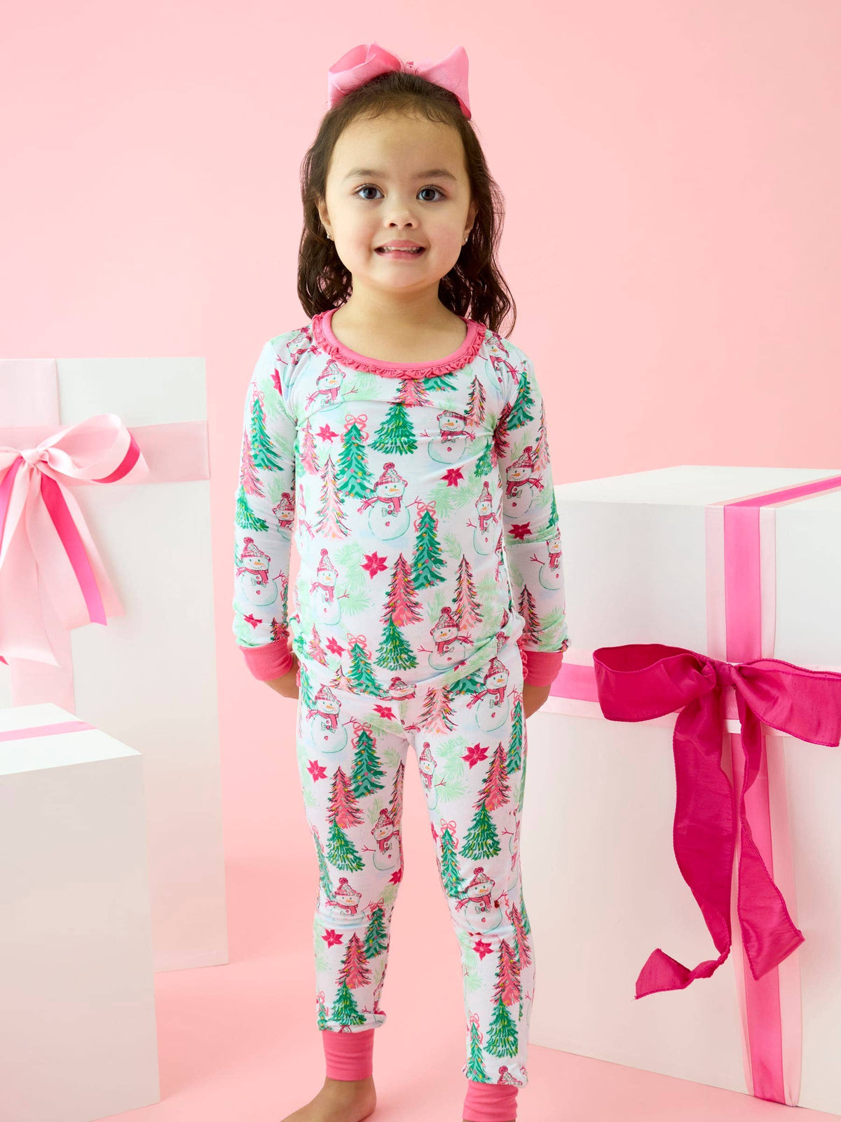 SoftSnooze™ Toddler Girls Bamboo Viscose Pink Snowman Grove Ruffle Long Sleeve Pajama Set with Signature Rear Ruffles: Pink / 3T