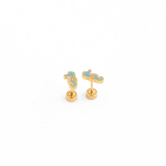 Seahorse Stud Earrings - Hypoallergenic, Flat Back, Girl: Pair