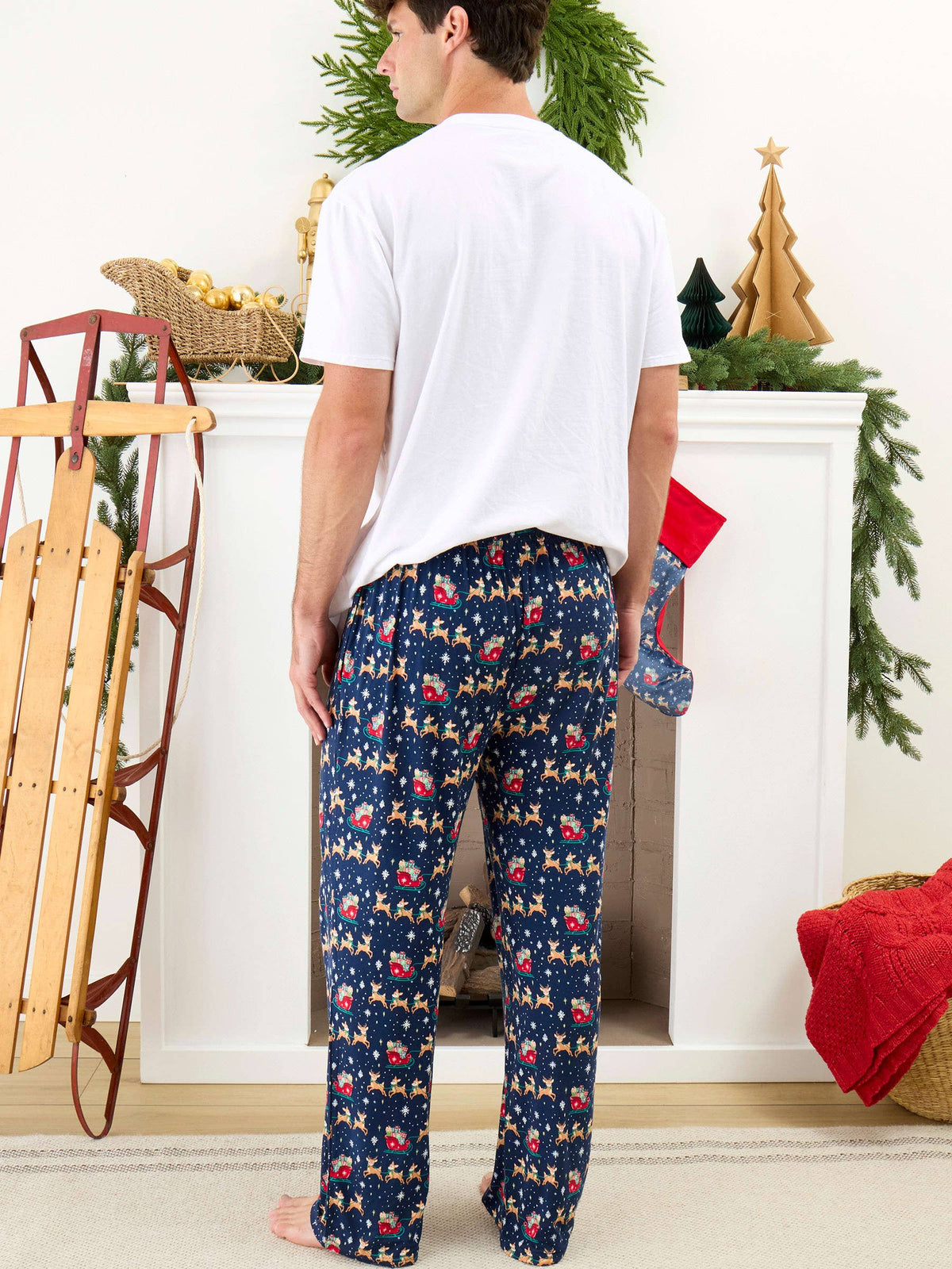 SoftSnooze™ Adult Bamboo Viscose Blue Christmas Reindeer Sleigh Ride Pajama Pants: Navy / Adult L