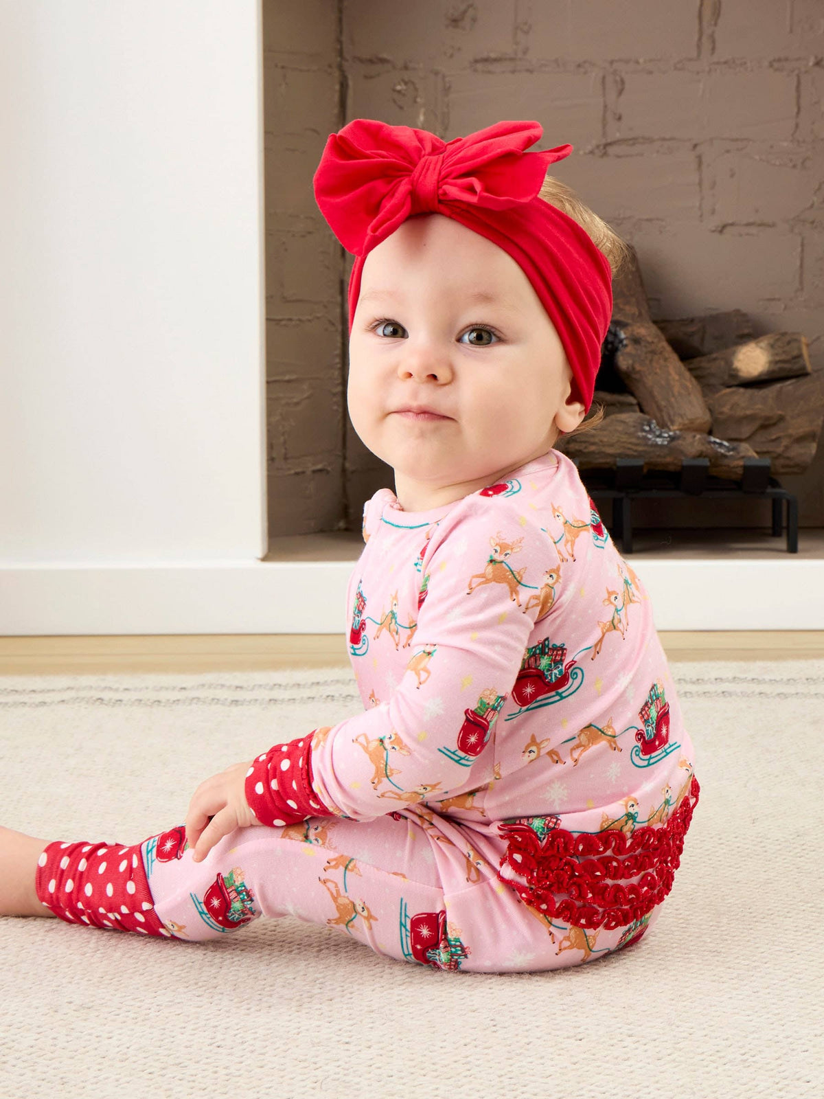 SoftSnooze™ Baby Girls Bamboo Viscose Pink Christmas Reindeer Sleigh Ride Convertible Ruffle One Piece Footie Pajama: Pink / 12-18m