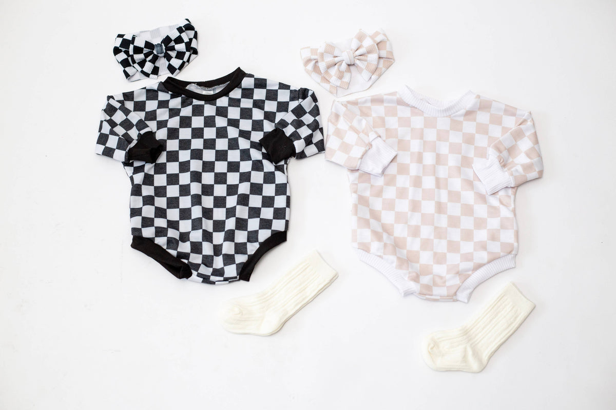 Neutral Checker Bubble Romper: 9 months