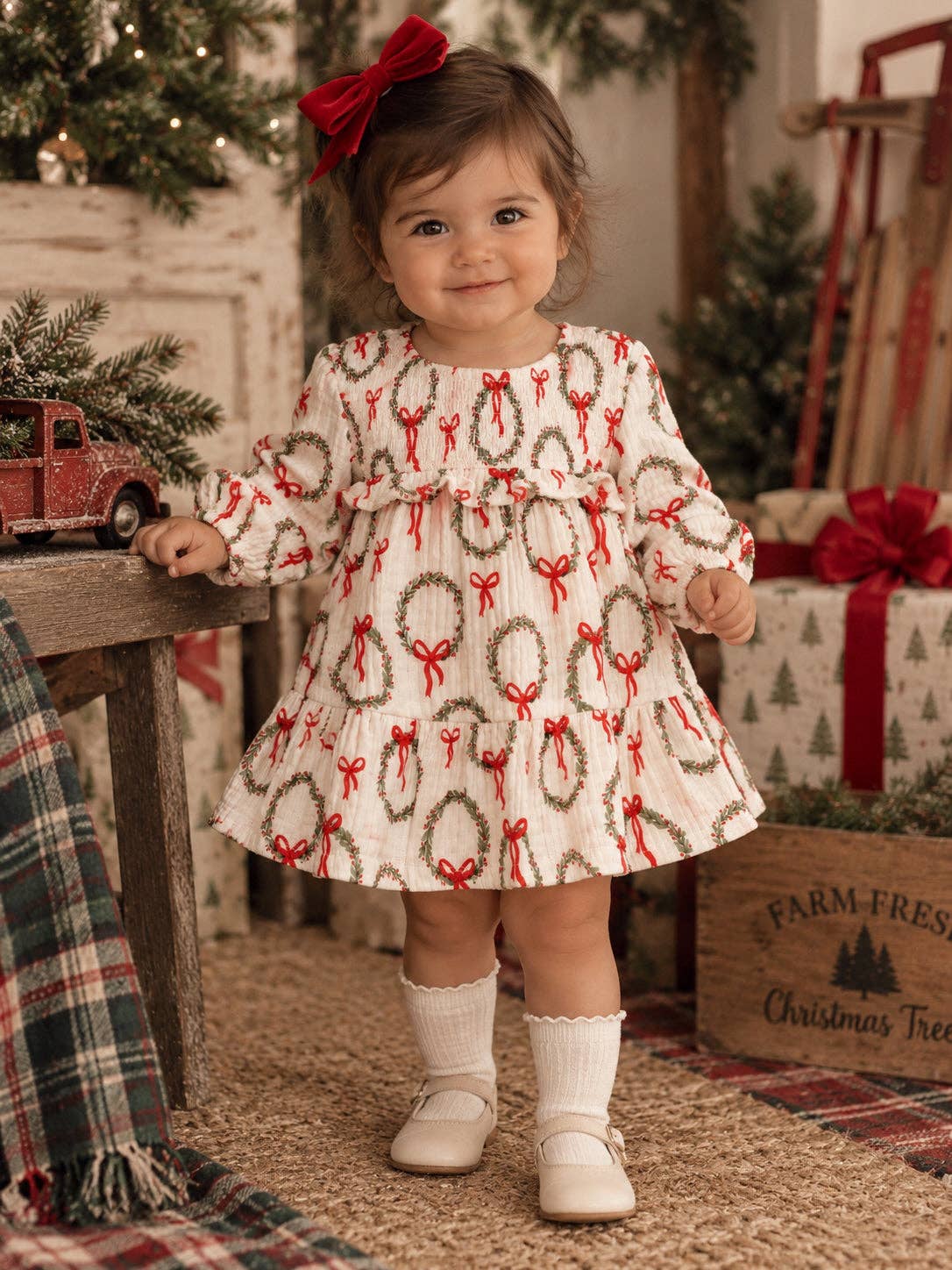Smocked Ruffle Tiered Dress & Bloomer, Pink Wreath