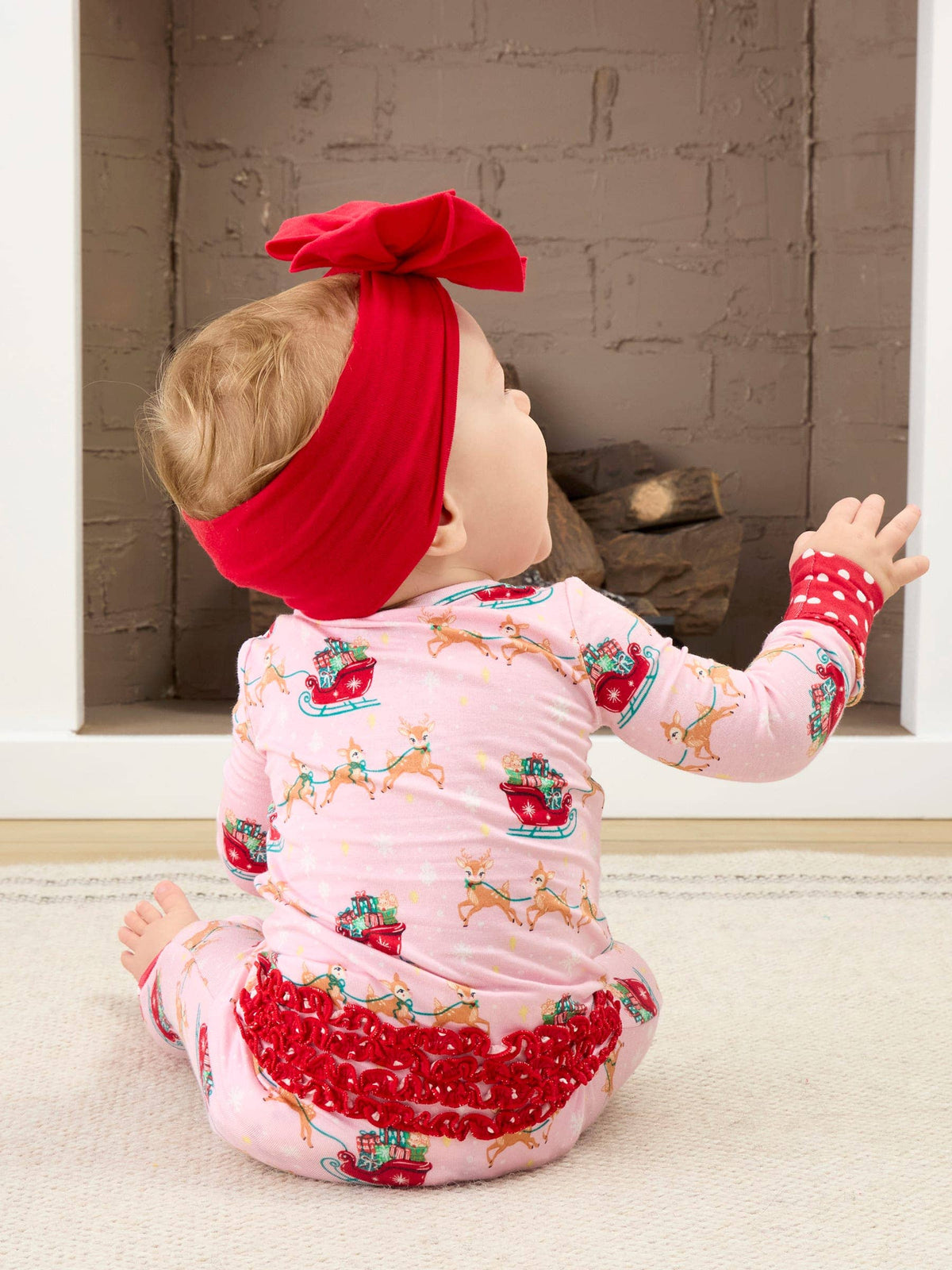 SoftSnooze™ Baby Girls Bamboo Viscose Pink Christmas Reindeer Sleigh Ride Convertible Ruffle One Piece Footie Pajama: Pink / 3-6m