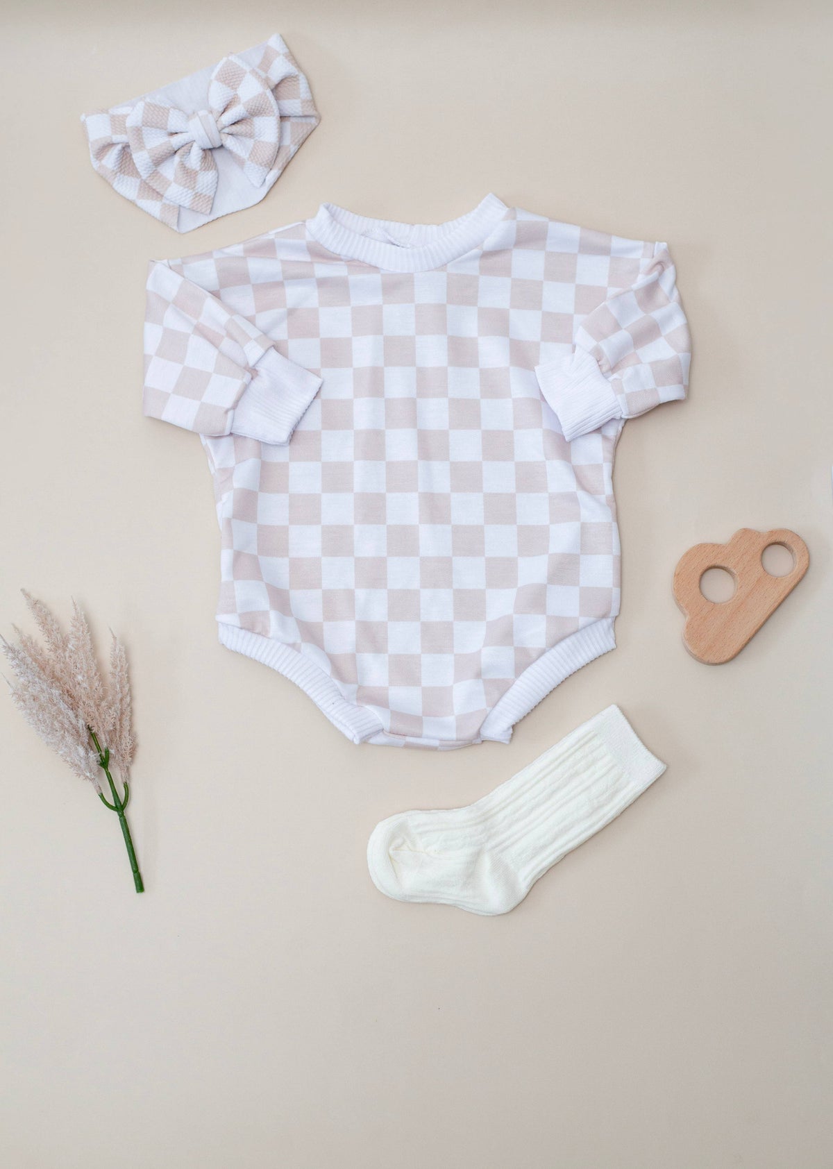 Neutral Checker Bubble Romper: 3 months