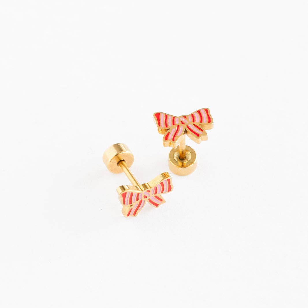 Striped Bow Stud Earrings - Hypoallergenic, Flat Back, Girl : Pair