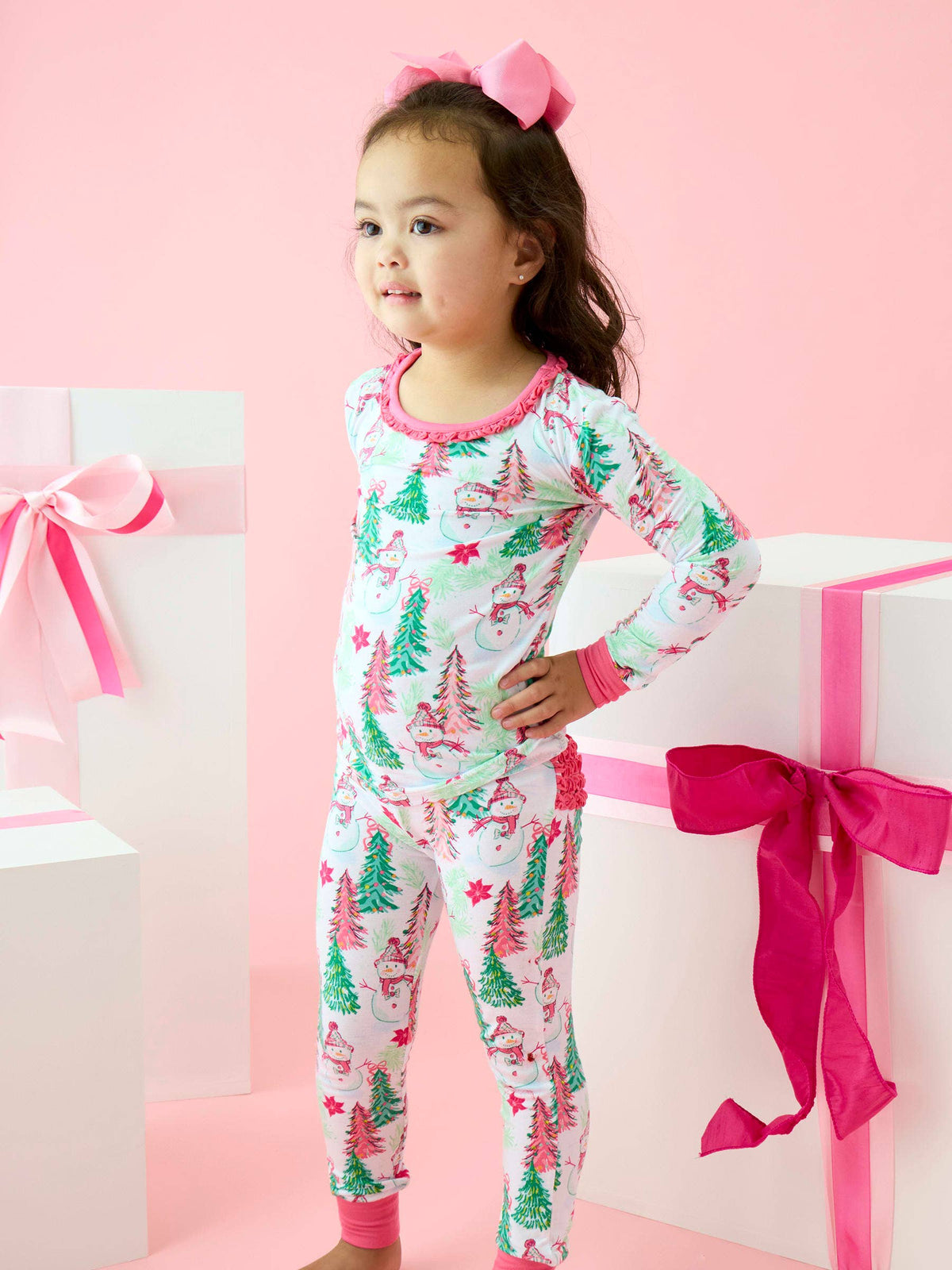 SoftSnooze™ Toddler Girls Bamboo Viscose Pink Snowman Grove Ruffle Long Sleeve Pajama Set with Signature Rear Ruffles: Pink / 4T