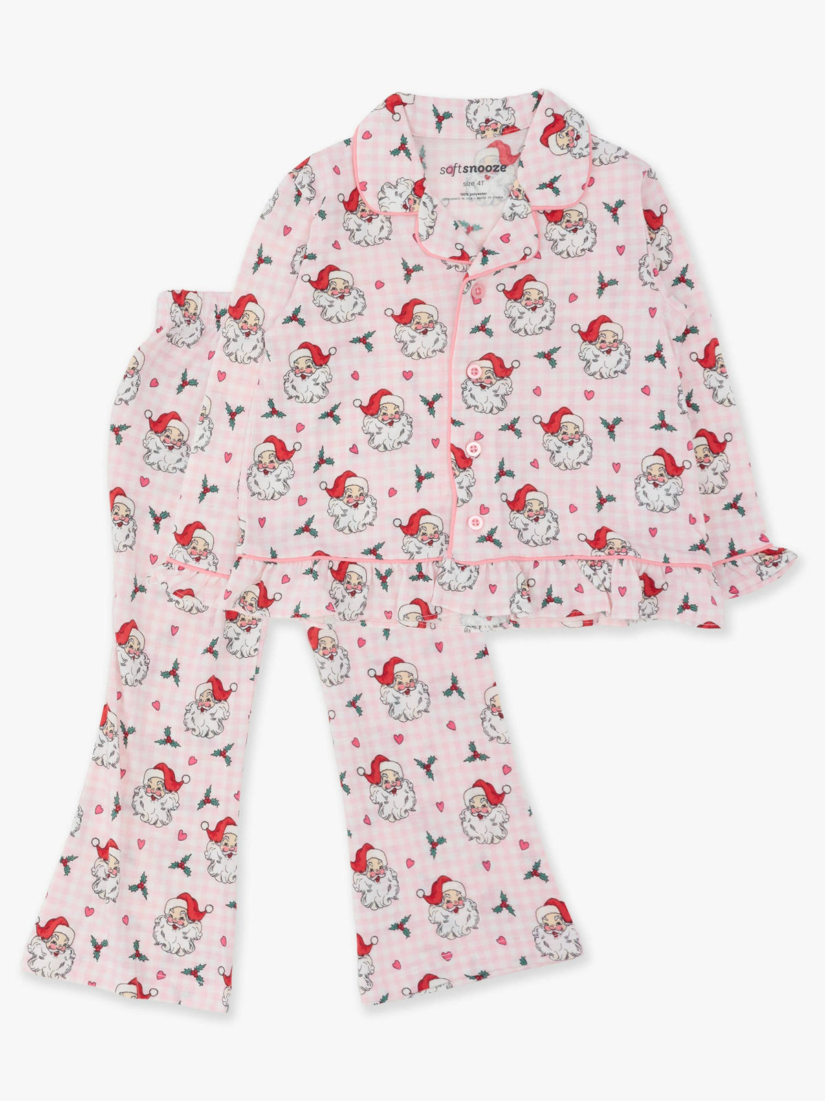 SoftSnooze™ Girls Pink Dear Santa Long Sleeve Button Up Ruffle Flare Pajama Set: Pink / 4T