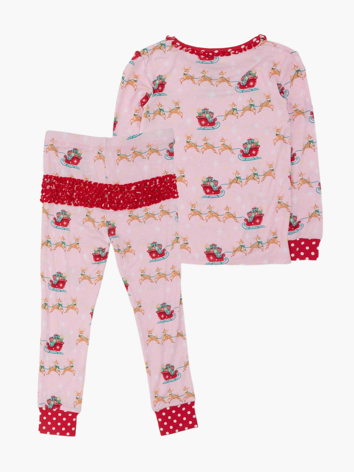 SoftSnooze™ Toddler Girls Bamboo Viscose Pink Christmas Reindeer Sleigh Ride Ruffle Long Sleeve Pajama Set with Signature Rear Ruffles: Pink / 3T