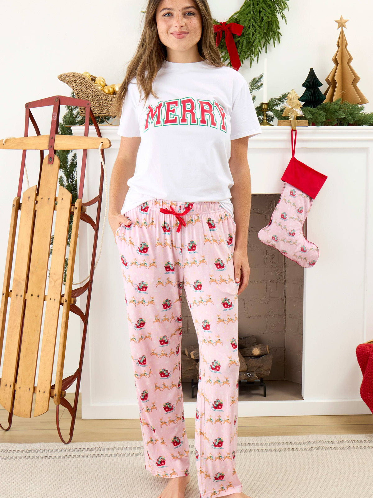 SoftSnooze™ Adult Bamboo Viscose Pink Christmas Reindeer Sleigh Ride Pajama Pants: Pink / Adult L