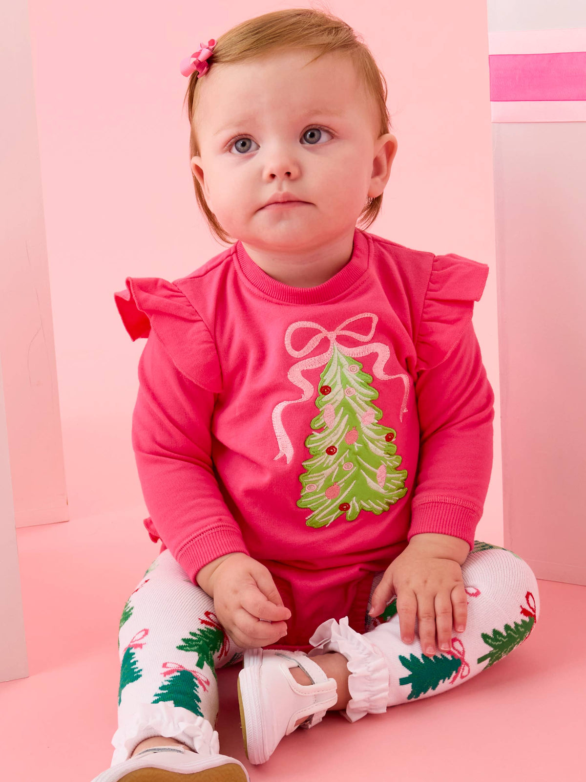 Girls Christmas Tree Bows Patterned Footless Ruffle Tights: Green / 0-6m