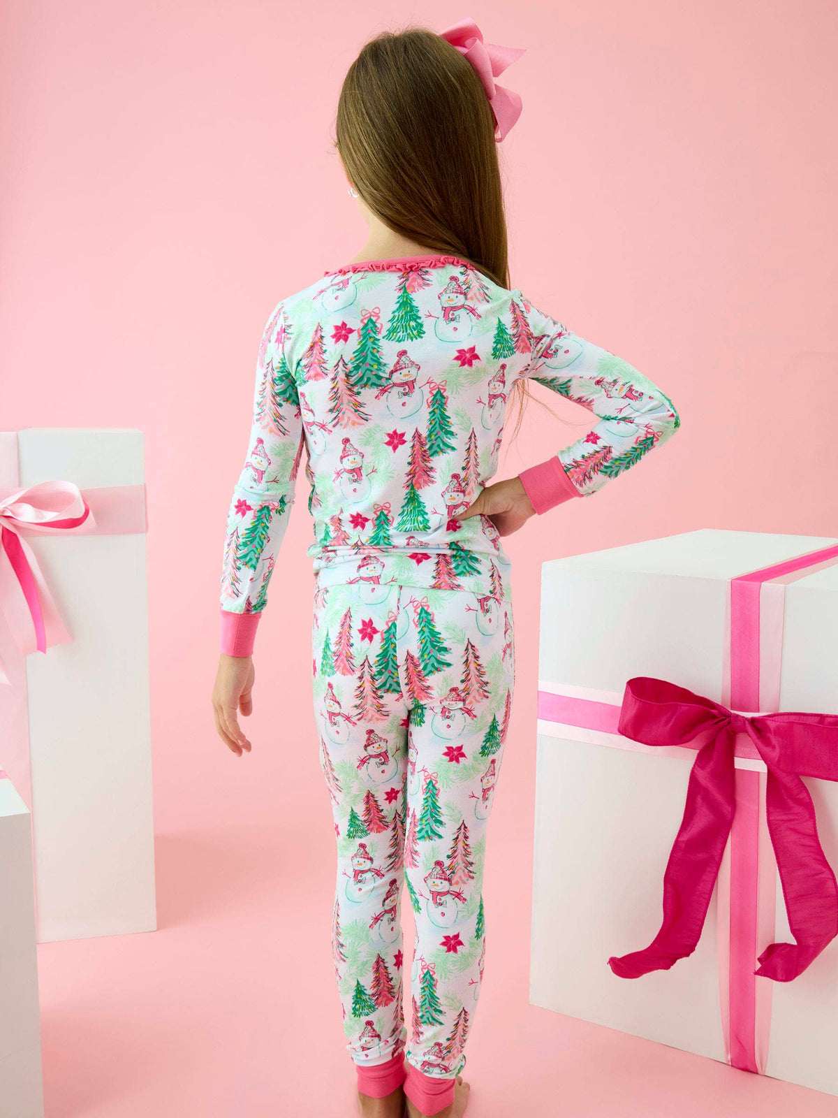 SoftSnooze™ Girls Bamboo Viscose Pink Snowman Grove Ruffle Long Sleeve Pajama Set: Pink / 9/10