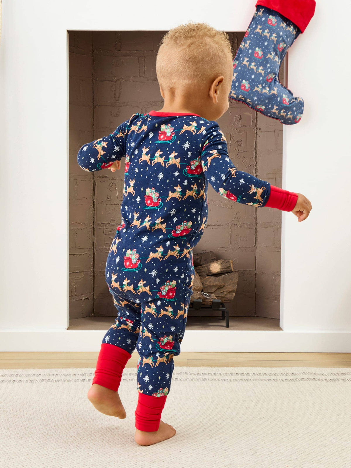 Baby Bamboo Blue Christmas Reindeer Sleigh Ride Convertible One Piece Footie Pajama