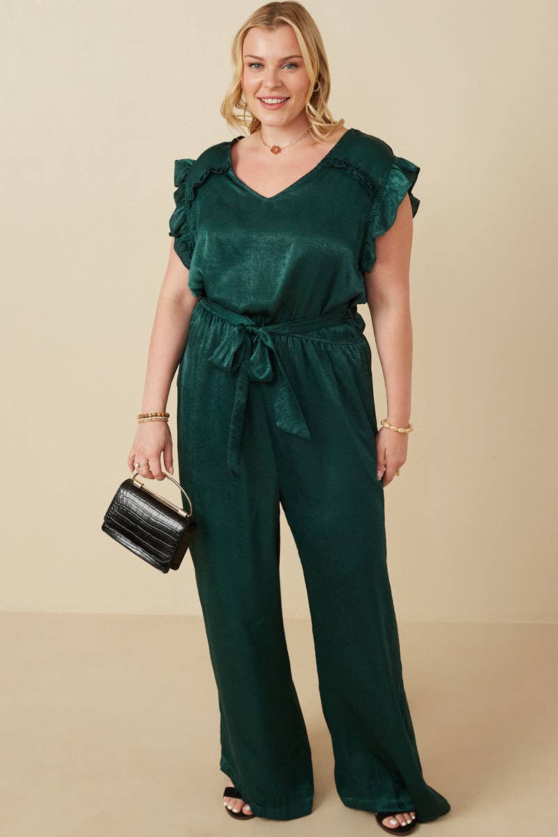 Womens Ruffled Crushed Satin Wide Leg Jumpsuit