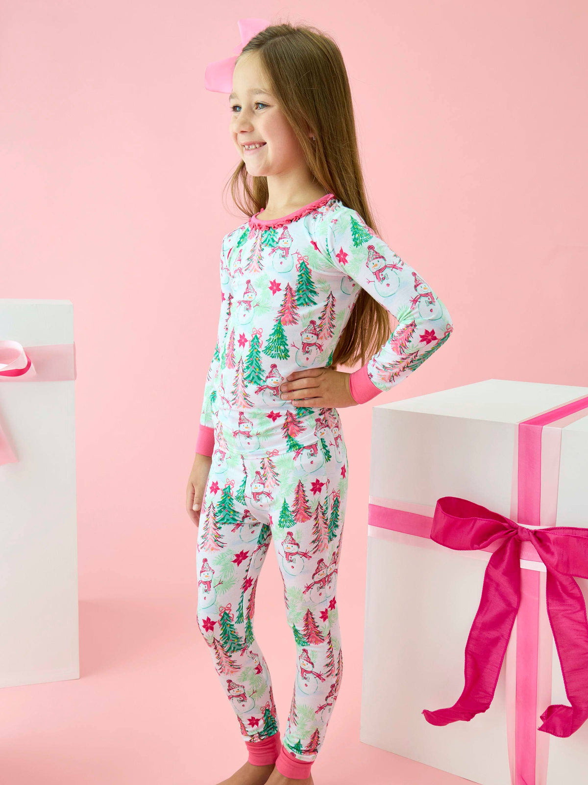 SoftSnooze™ Girls Bamboo Viscose Pink Snowman Grove Ruffle Long Sleeve Pajama Set: Pink / 9/10