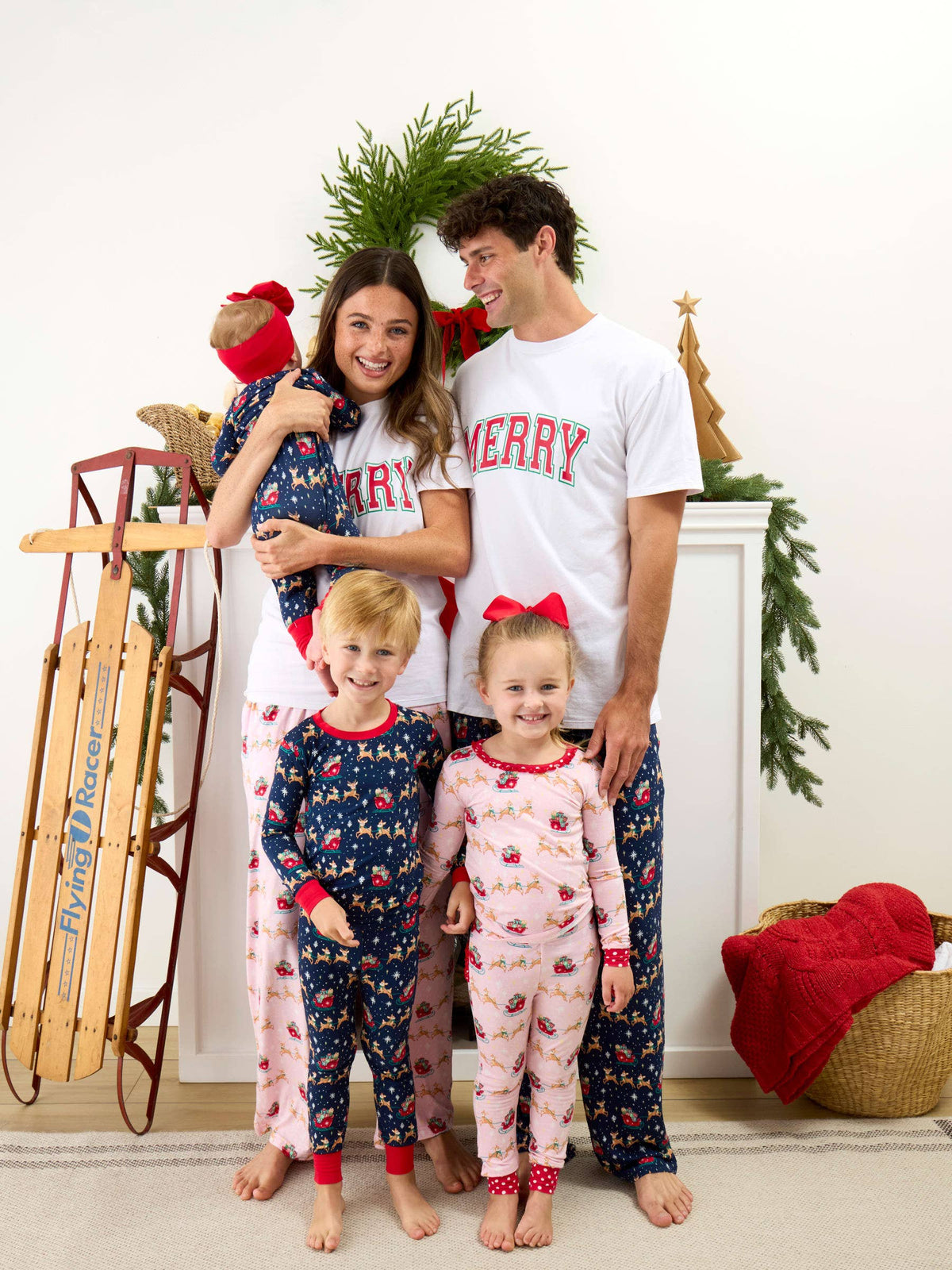 SoftSnooze™ Adult Bamboo Viscose Blue Christmas Reindeer Sleigh Ride Pajama Pants: Navy / Adult XL
