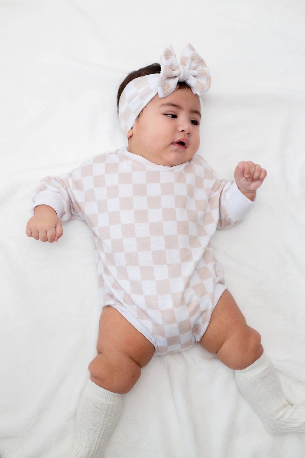 Neutral Checker Bubble Romper: 3 months