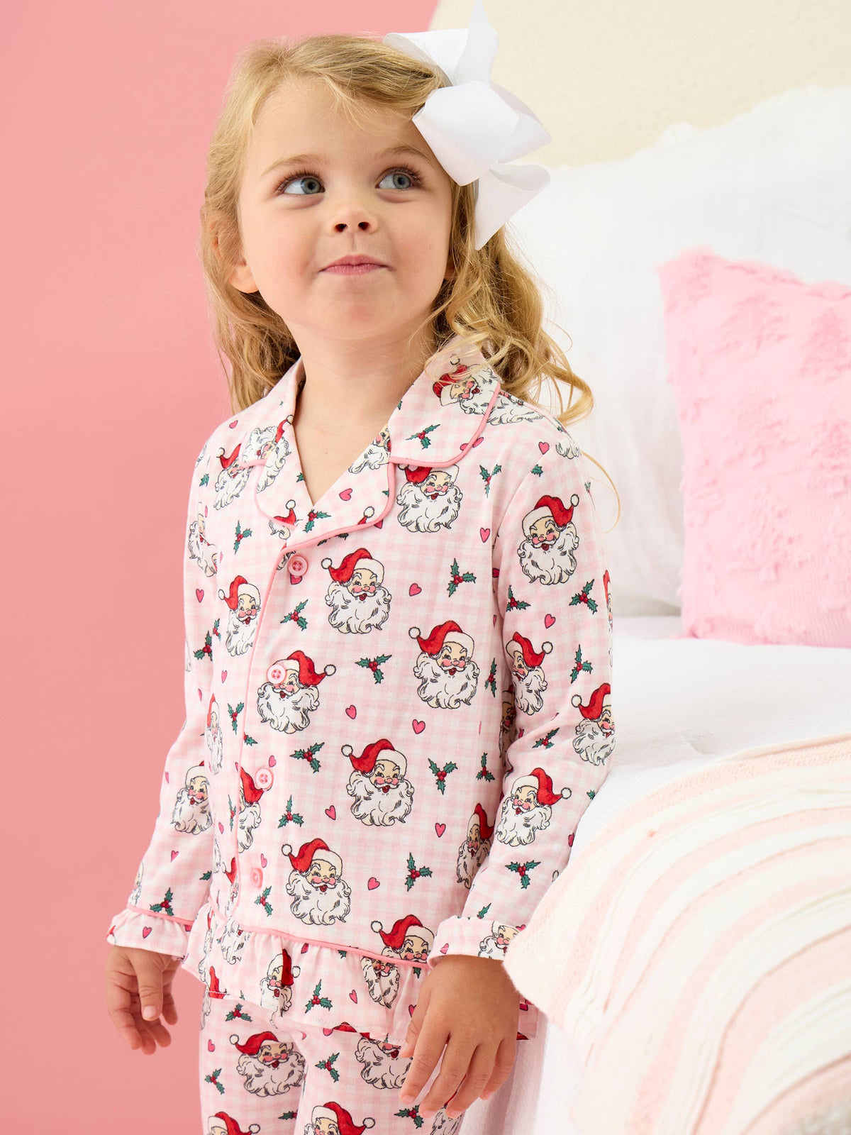 SoftSnooze™ Girls Pink Dear Santa Long Sleeve Button Up Ruffle Flare Pajama Set: Pink / 7/8
