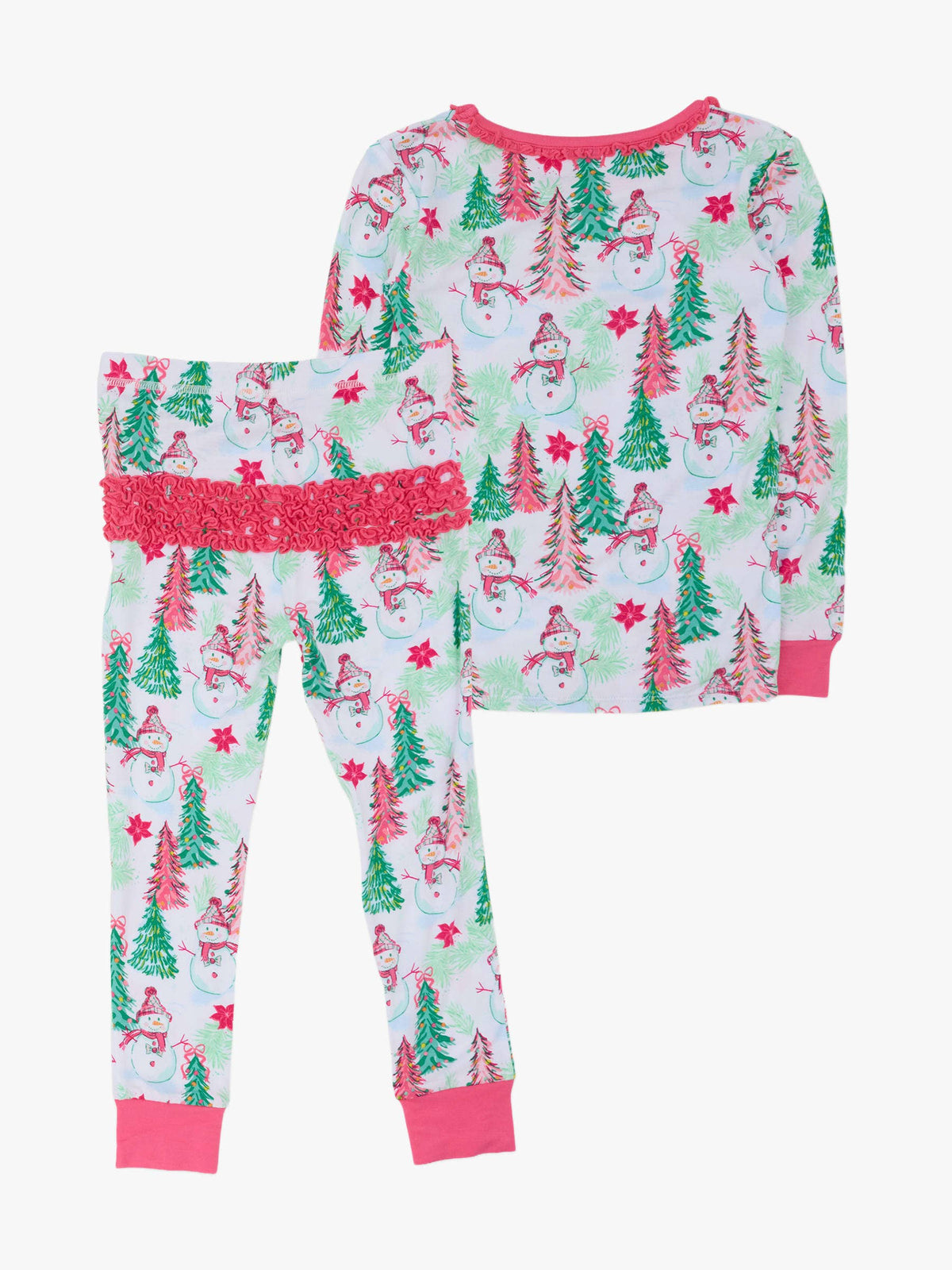 SoftSnooze™ Toddler Girls Bamboo Viscose Pink Snowman Grove Ruffle Long Sleeve Pajama Set with Signature Rear Ruffles: Pink / 4T