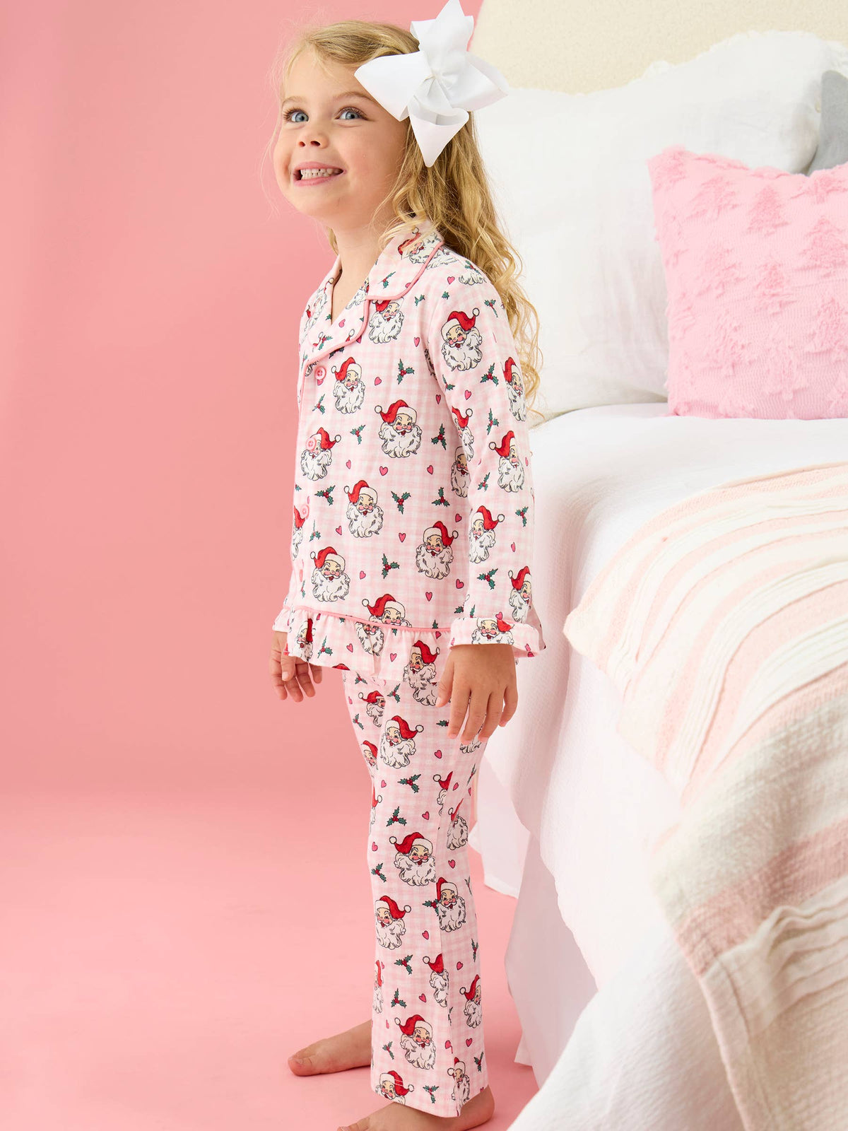 SoftSnooze™ Girls Pink Dear Santa Long Sleeve Button Up Ruffle Flare Pajama Set: Pink / 9/10
