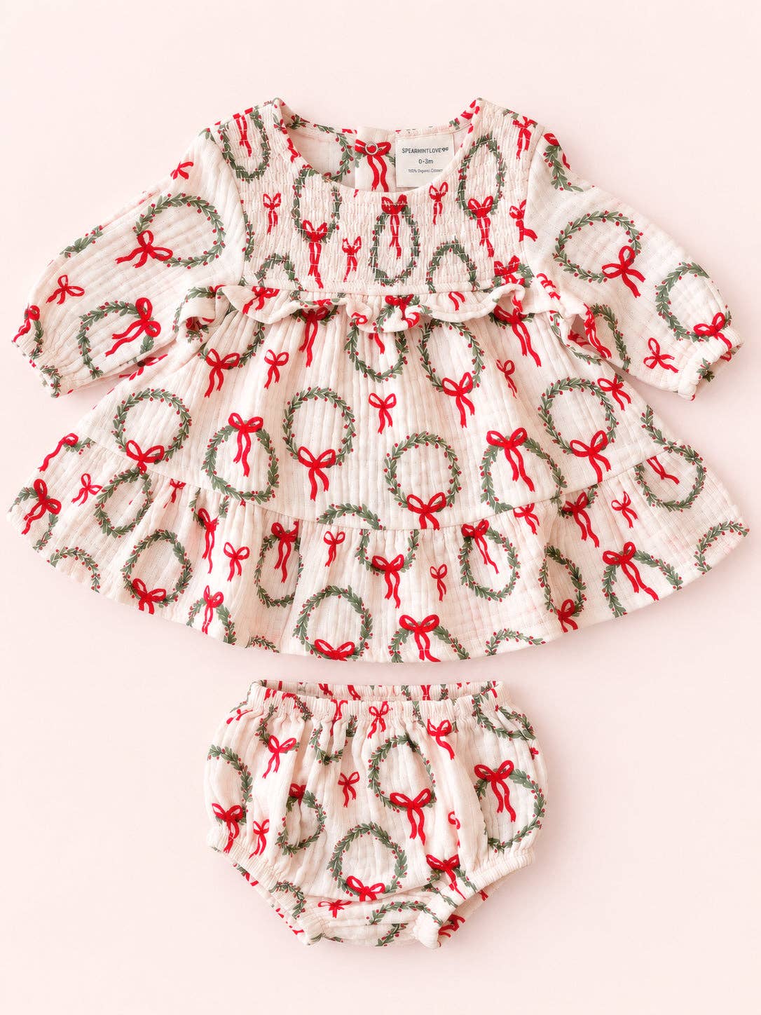 Smocked Ruffle Tiered Dress & Bloomer, Pink Wreath