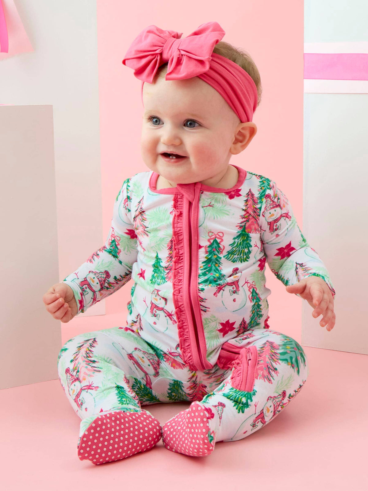 SoftSnooze™ Baby Girls Bamboo Viscose Pink Snowman Grove Footed Ruffle One Piece Pajama: Pink / 6-12m