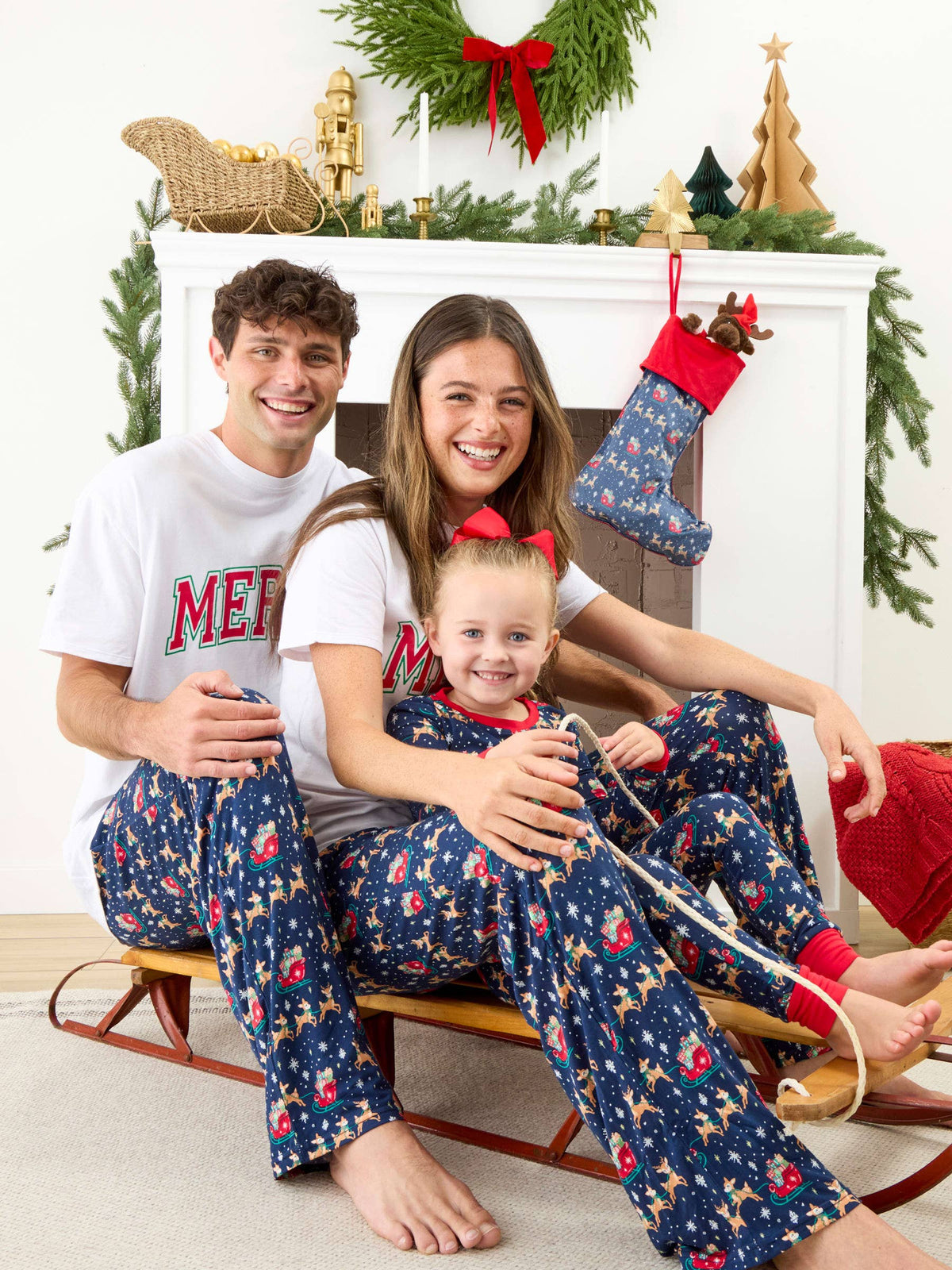 SoftSnooze™ Adult Bamboo Viscose Blue Christmas Reindeer Sleigh Ride Pajama Pants: Navy / Adult L