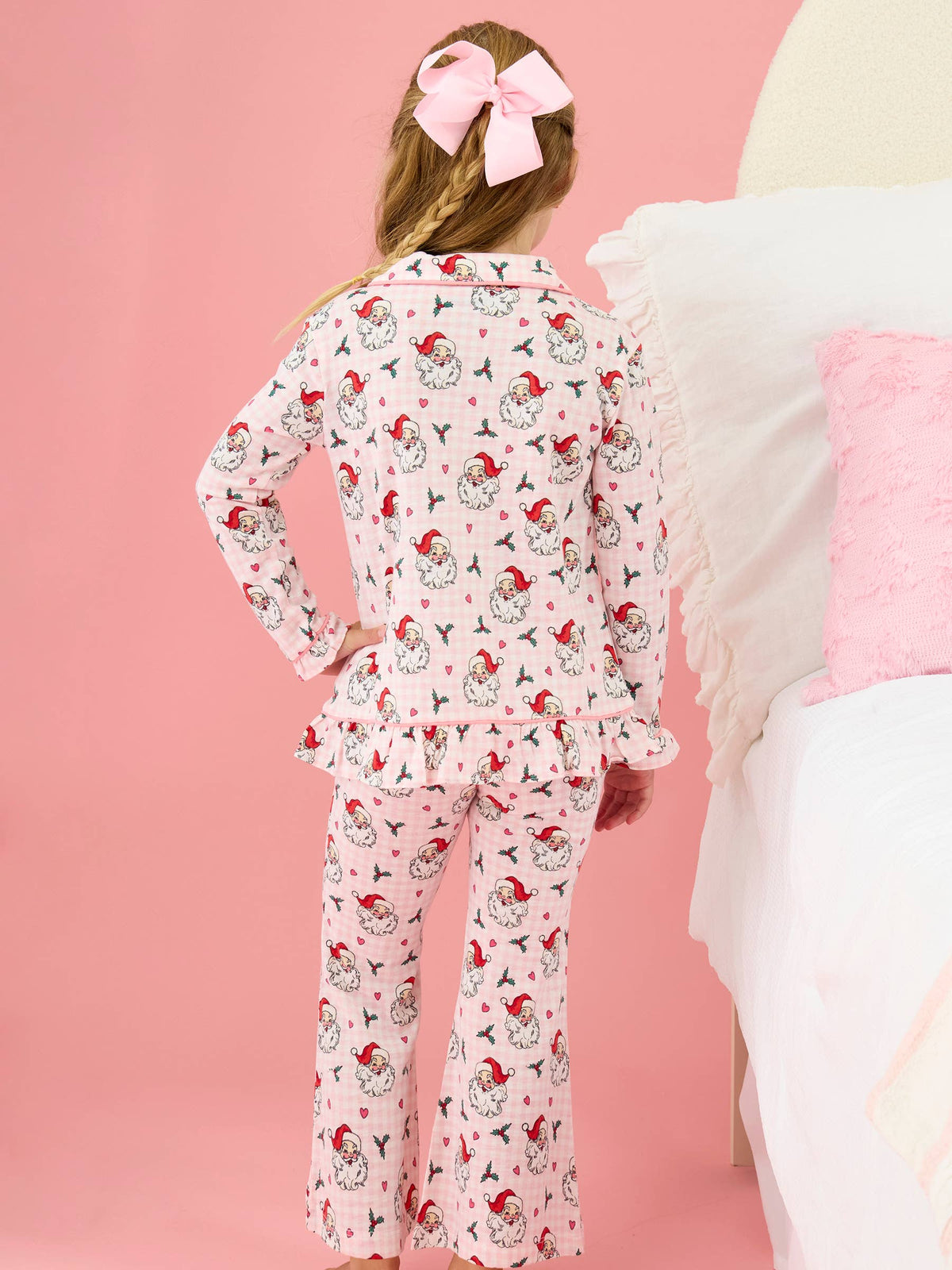 SoftSnooze™ Girls Pink Dear Santa Long Sleeve Button Up Ruffle Flare Pajama Set: Pink / 3T