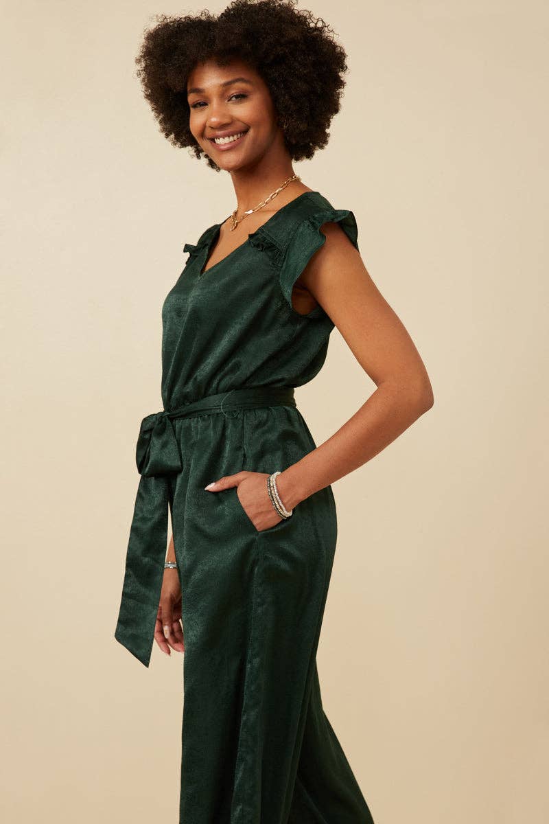 Womens Ruffled Crushed Satin Wide Leg Jumpsuit
