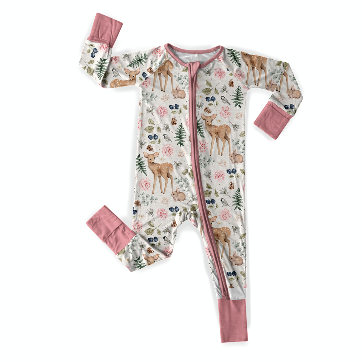 Pink Woodland Deer Bamboo Zipper Romper: 18-24m