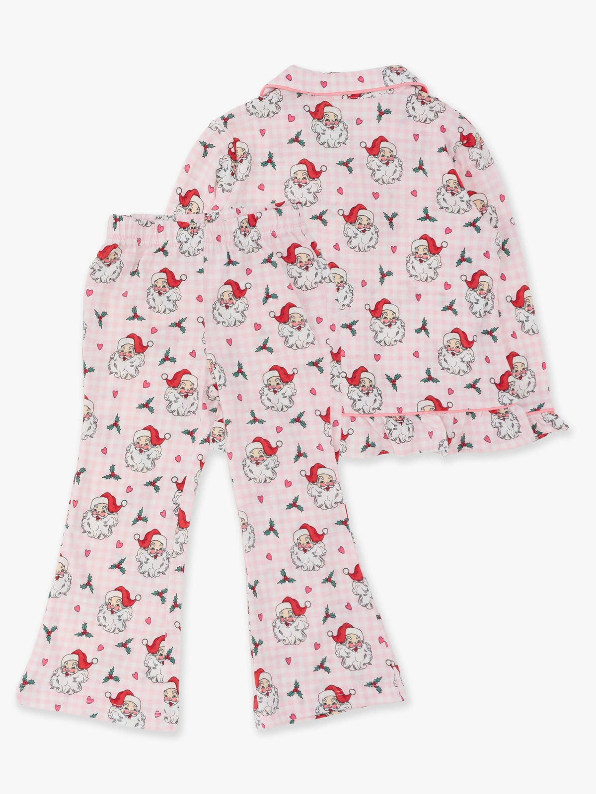 SoftSnooze™ Girls Pink Dear Santa Long Sleeve Button Up Ruffle Flare Pajama Set: Pink / 7/8