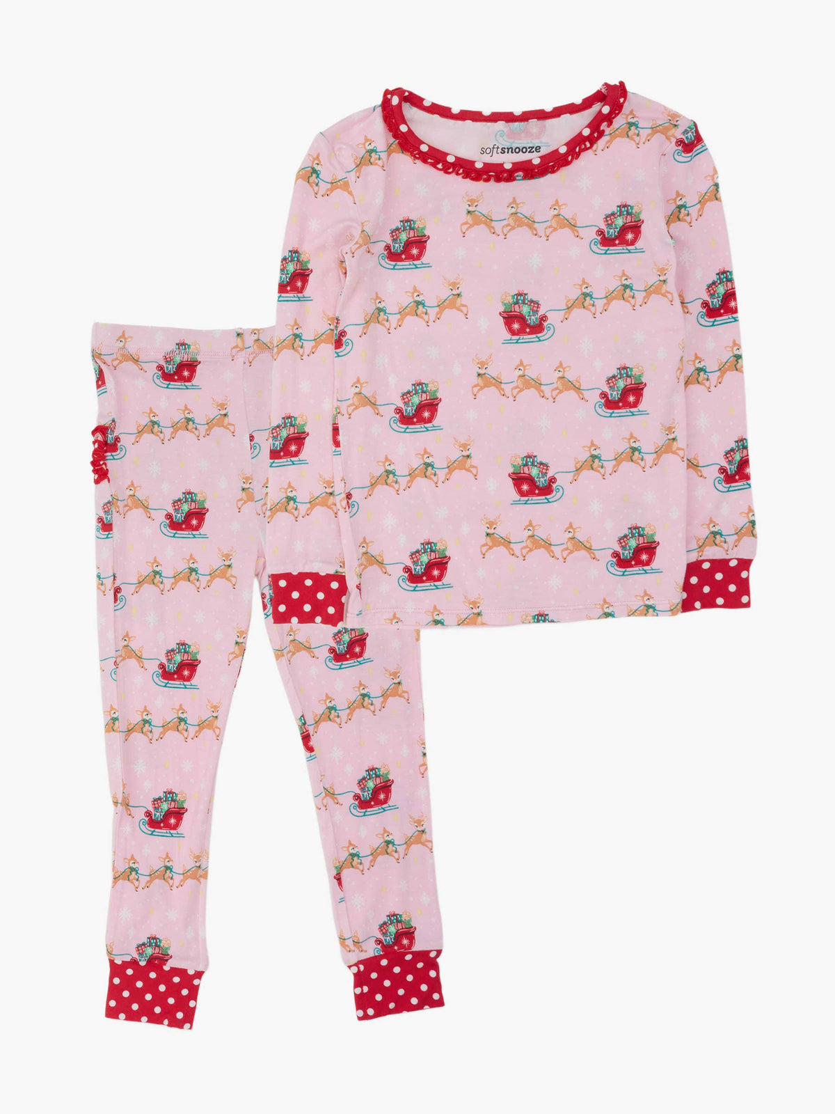 SoftSnooze™ Toddler Girls Bamboo Viscose Pink Christmas Reindeer Sleigh Ride Ruffle Long Sleeve Pajama Set with Signature Rear Ruffles: Pink / 3T